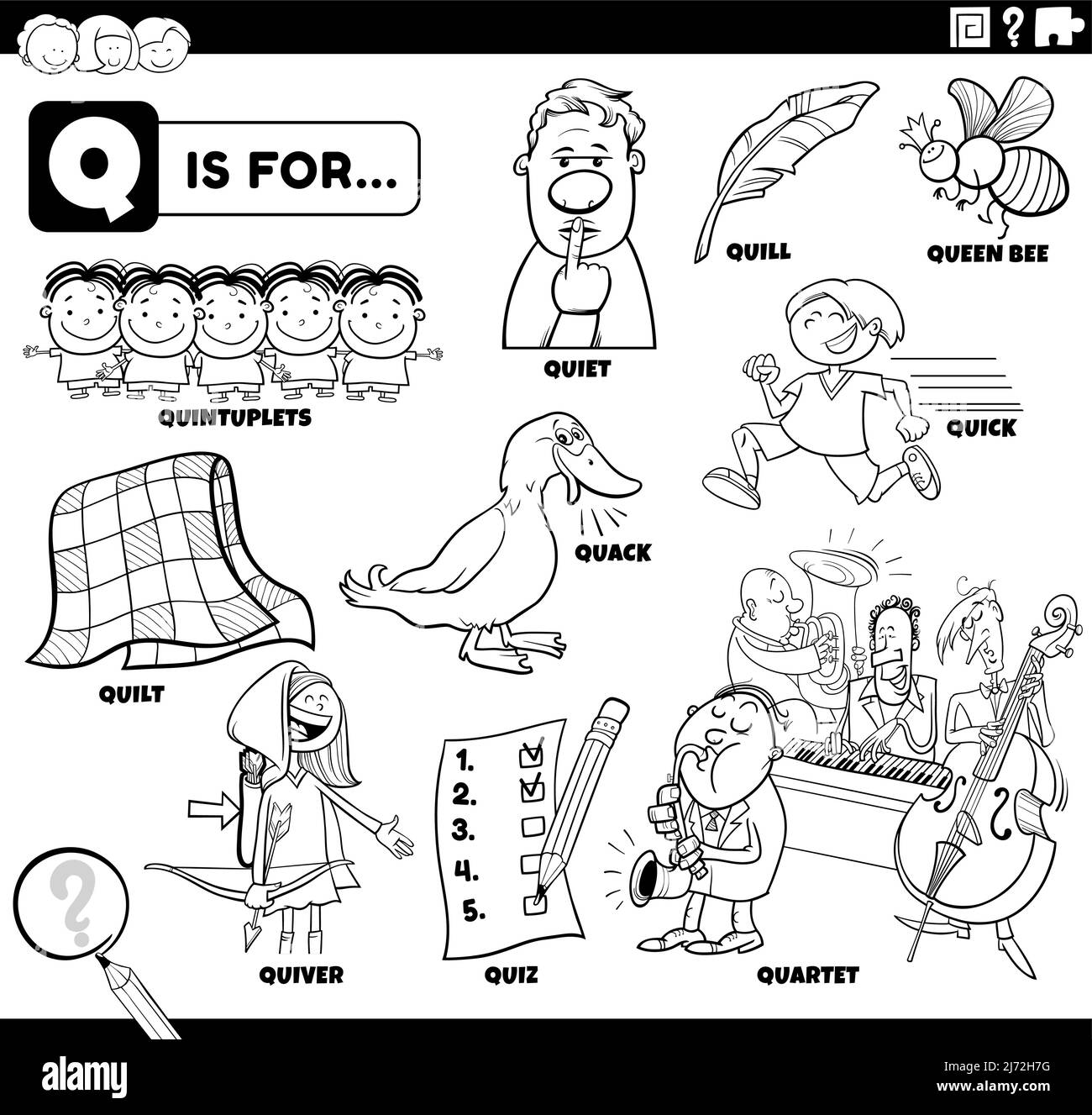 Black and white educational cartoon illustration for children with ic characters and objects set for letter q coloring book page stock vector image art