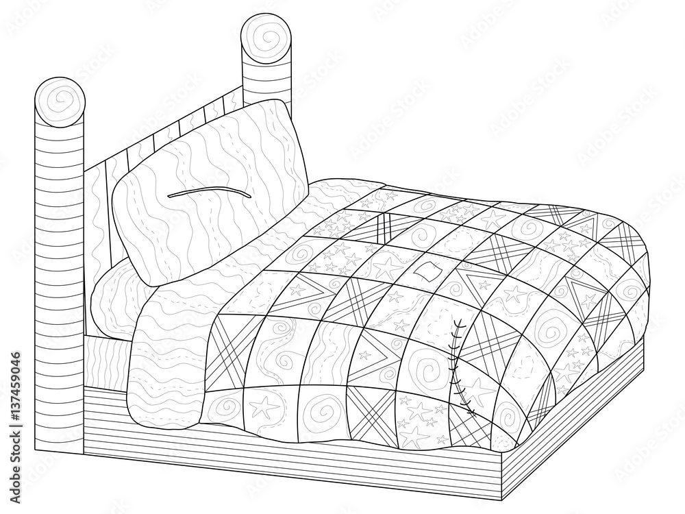 Bed with a patchwork quilt coloring book vector for adults vector