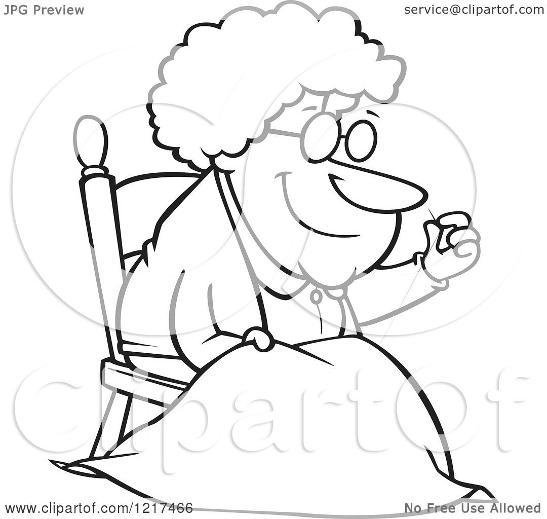 Clipart of an outlined cartoon granny making a quilt