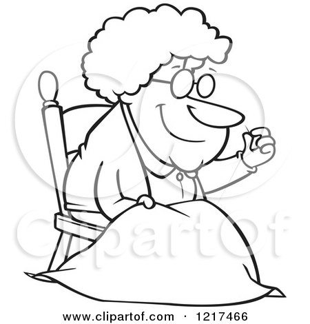 Clipart of an outlined cartoon granny making a quilt