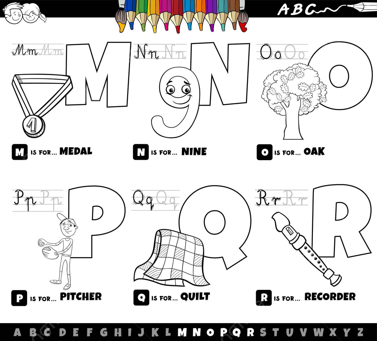 Coloring book page featuring a cartoon set of educational alphabet letters from m to r vector letter p quilt letters png and vector with transparent background for free download