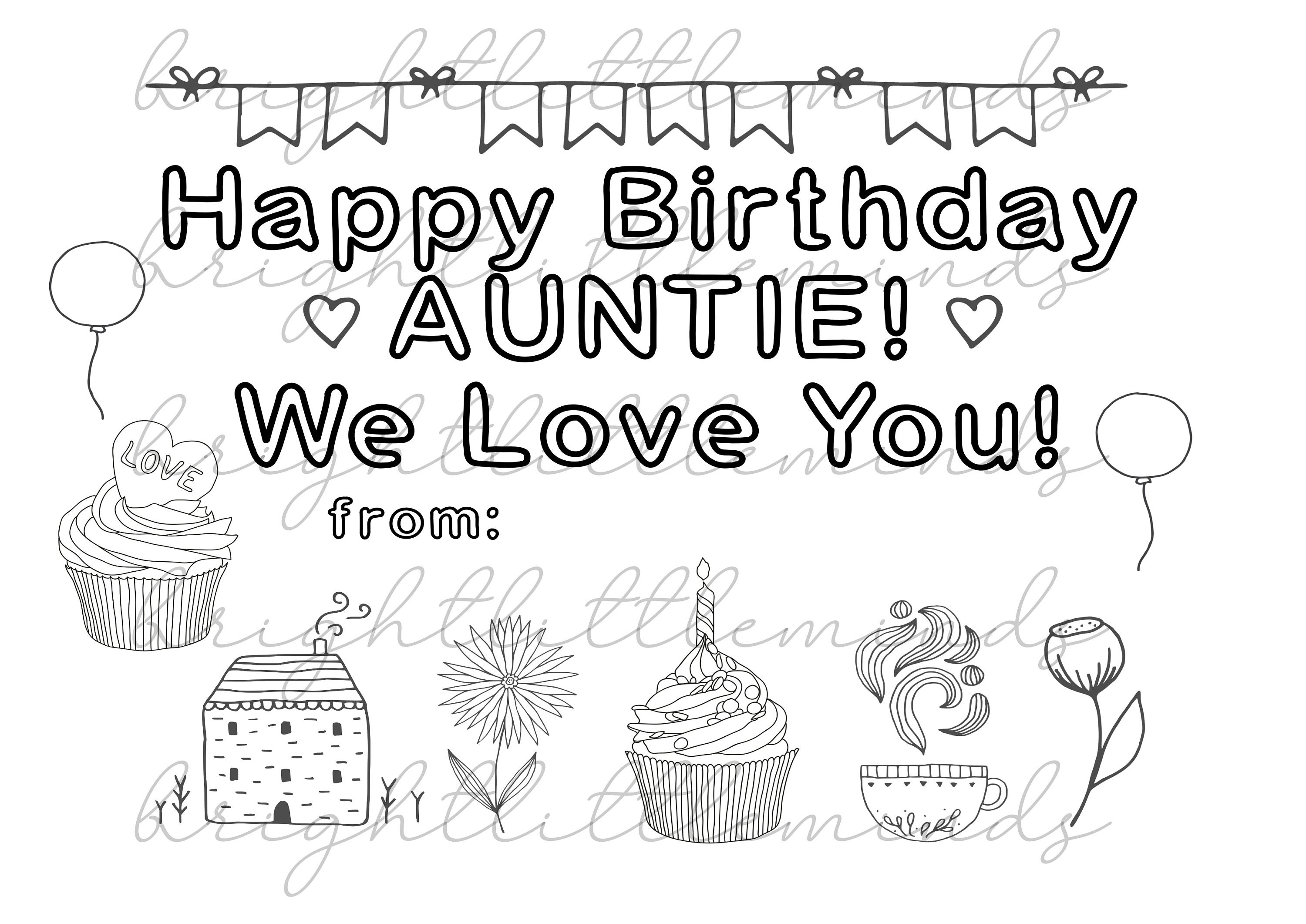 Instant download printable happy birthday auntie diy kids activity coloring gift fun card made by kids letter a pdf