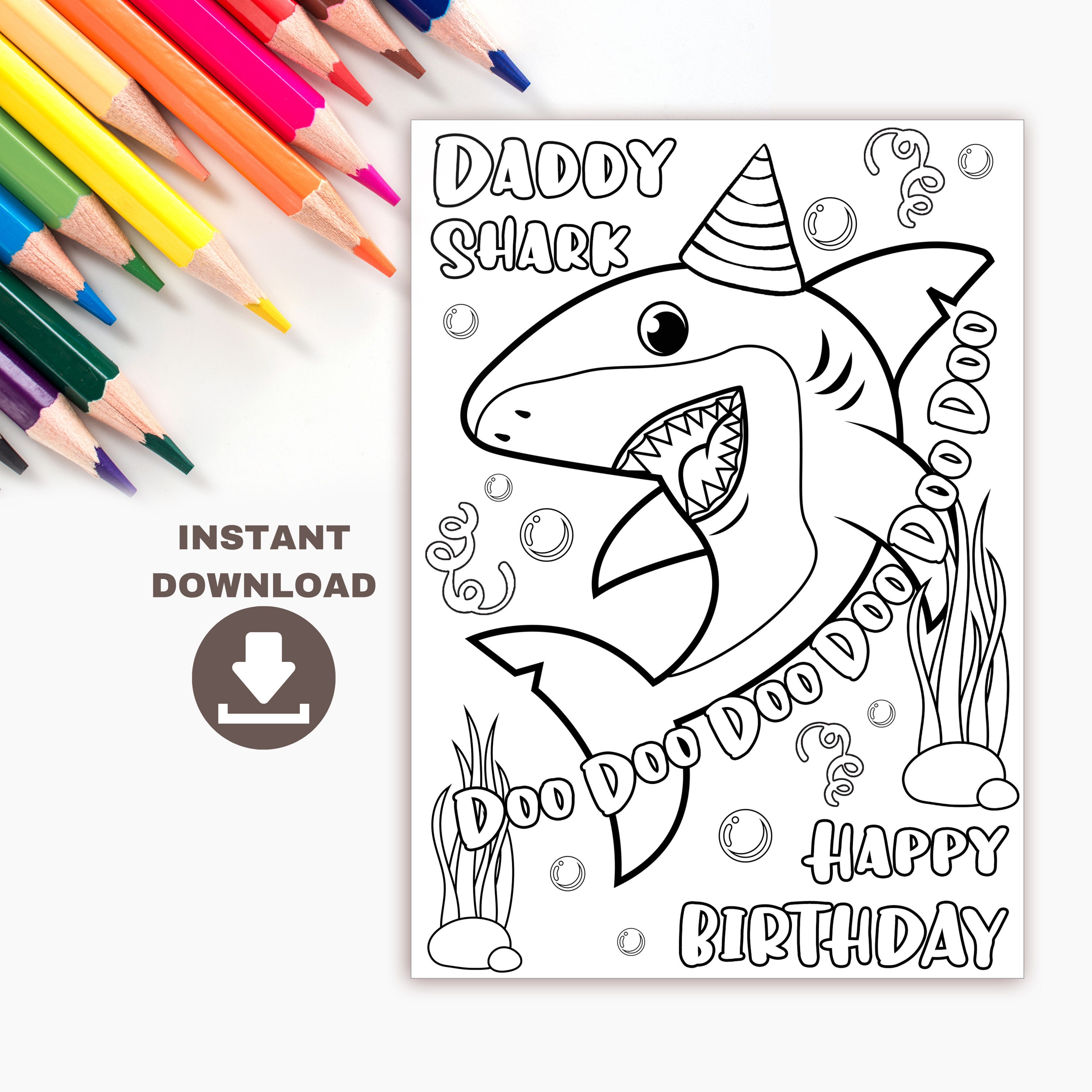 Daddy shark printable birthday coloring card for kids funny diy birthday card for dad digital download coloring page for dad birthday