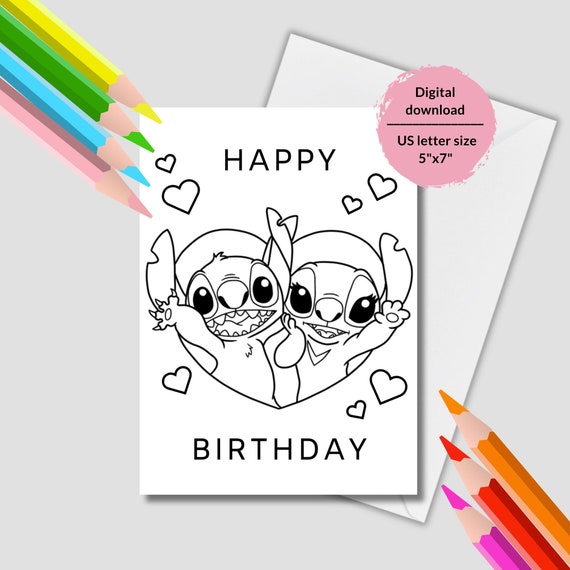 Stitch coloring pages printable stitch birthday cards lilo and stitch happy birthday pages instant download stitch greetings for coloring