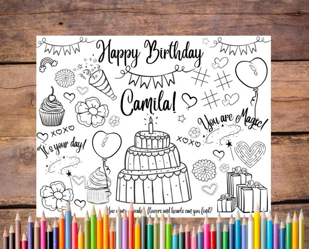 Customized printable birthday coloring page happy birthday coloring page placemat activity sheet party favor birthday party activity instant download