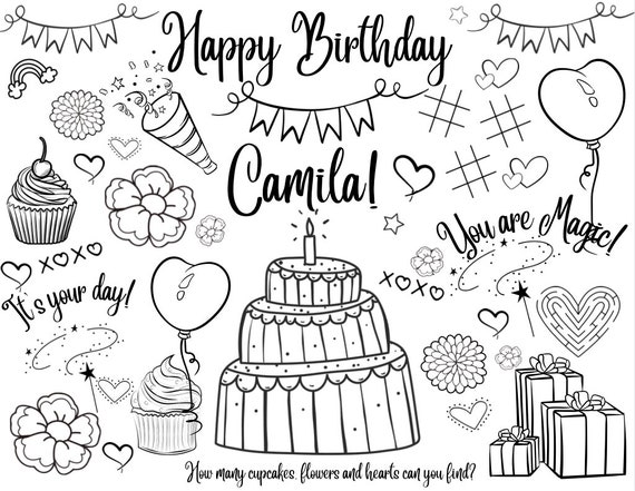 Customized printable birthday coloring page happy birthday coloring page placemat activity sheet party favor birthday party activity instant download