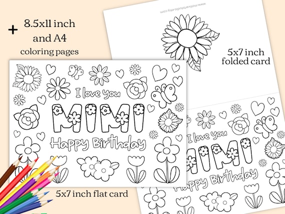 Printable coloring birthday card for mimi grandmother birthday card diy gift kids craft for grandma mimi birthday instant download card