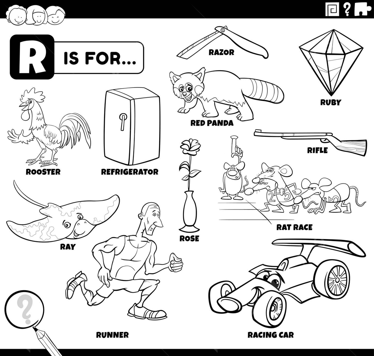 Coloring page set with educational r words for kids vector cat drawing ring drawing education drawing png and vector with transparent background for free download