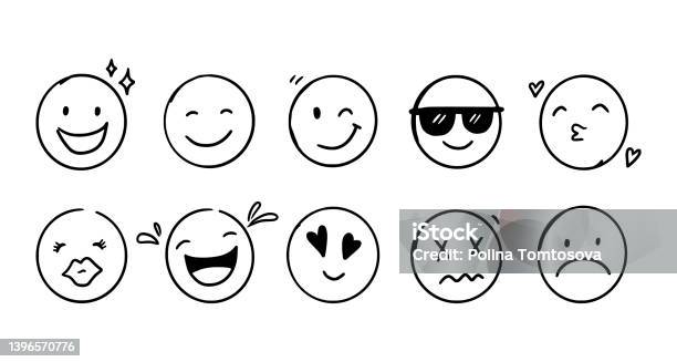 Doodle emoji face icon set stock illustration