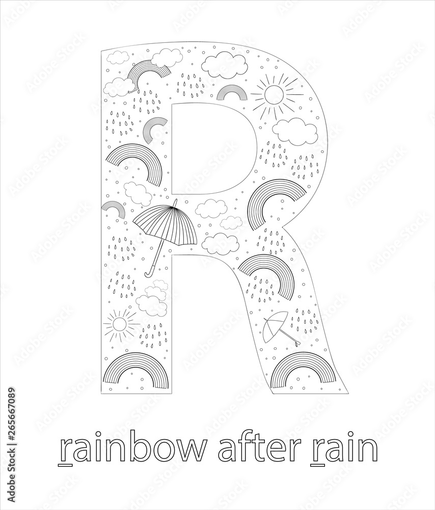 Black and white alphabet letter r phonics flashcard cute letter r for teaching reading with cartoon style rainbow weather elements rain drops sun coloring page for children vector