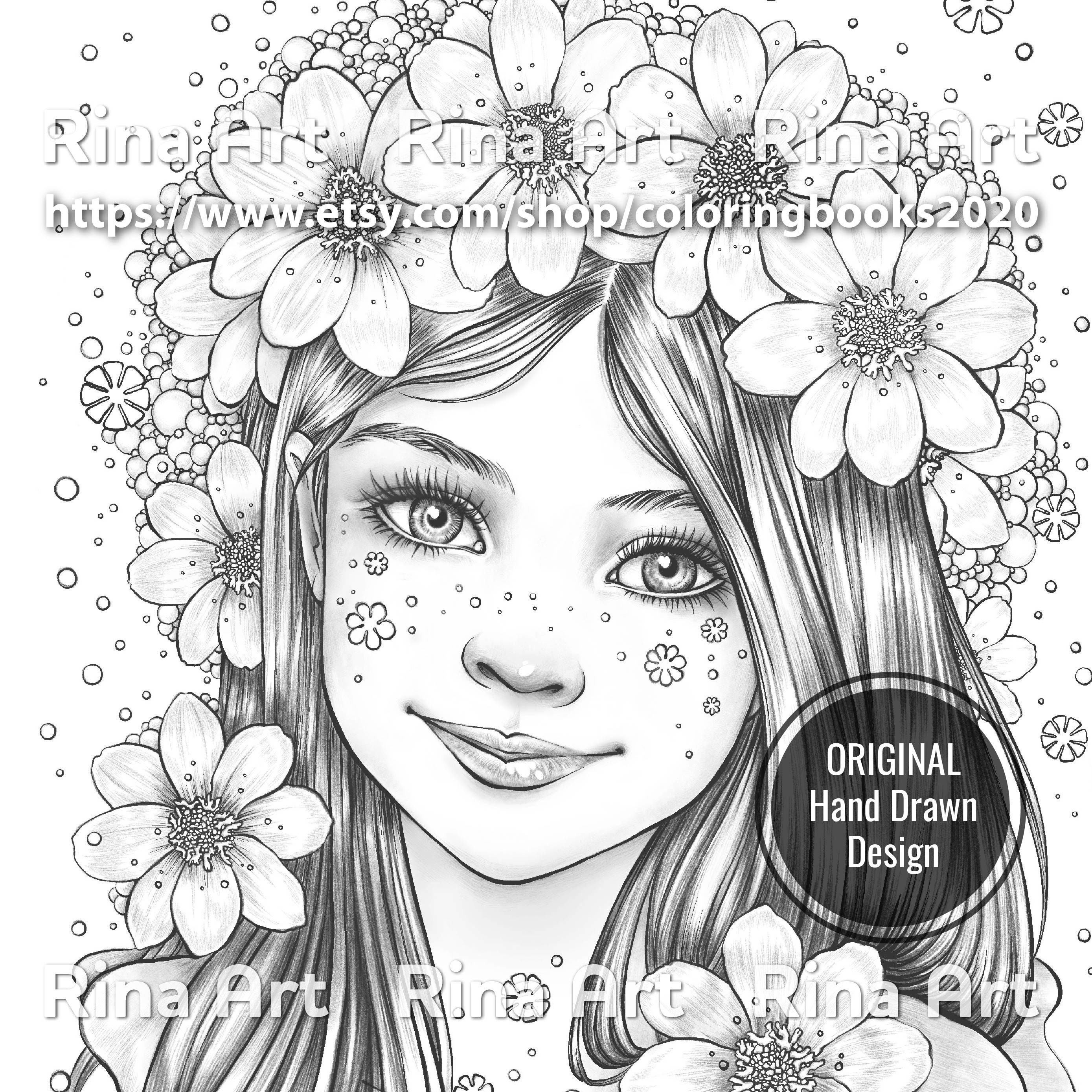 Flower rain coloring page printable adult colouring pages book download grayscale illustration jpg pdf instant download