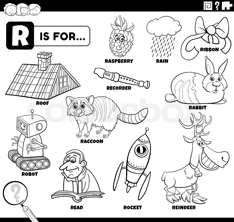 Letter r words educational set coloring book page stock vector