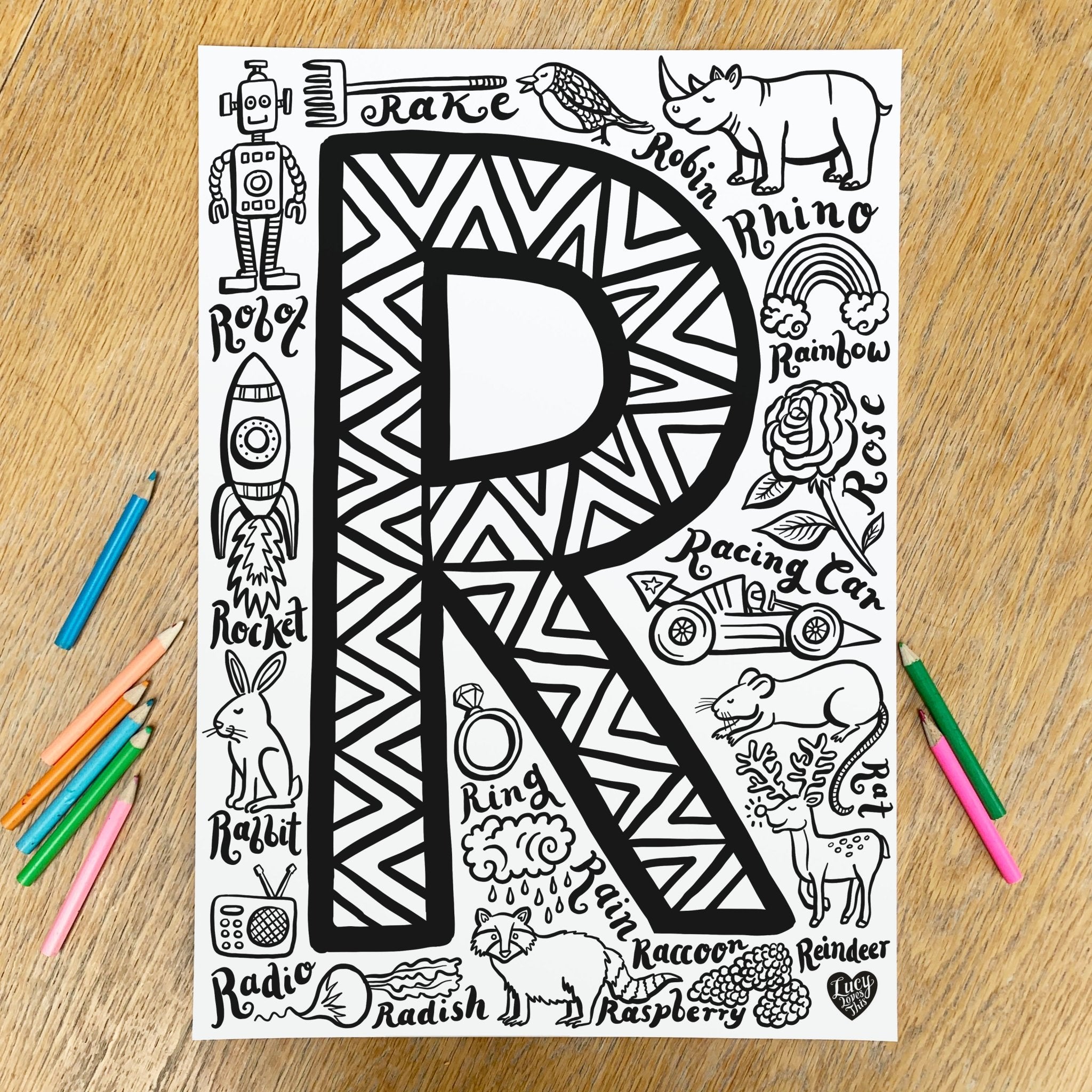 Letter r colouring poster