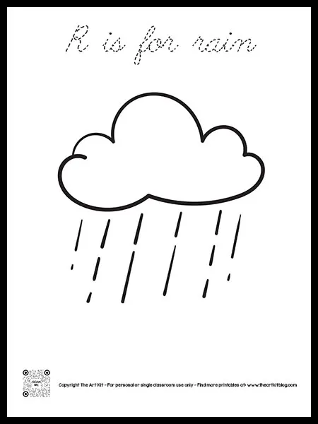 Letter r is for rain coloring page dotted font â the art kit