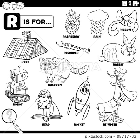 Letter r words educational set coloring book page