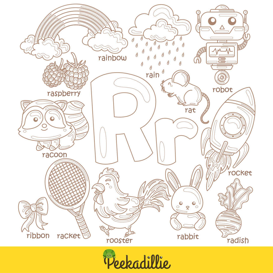 Alphabet r for vocabulary school lesson rocket robot rat rabbit radish ribbon racoon racket rainbow raspberry rain rooster cartoon digital stamp outline black and white