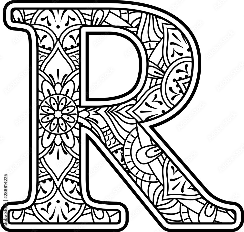 Initial r in black and white with doodle ornaments and design elements from mandala art style for coloring isolated on white background vector