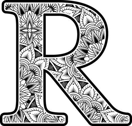 Capital letter r with abstract flowers ornaments in black and white design inspired from mandala art style for coloring isolated on white background