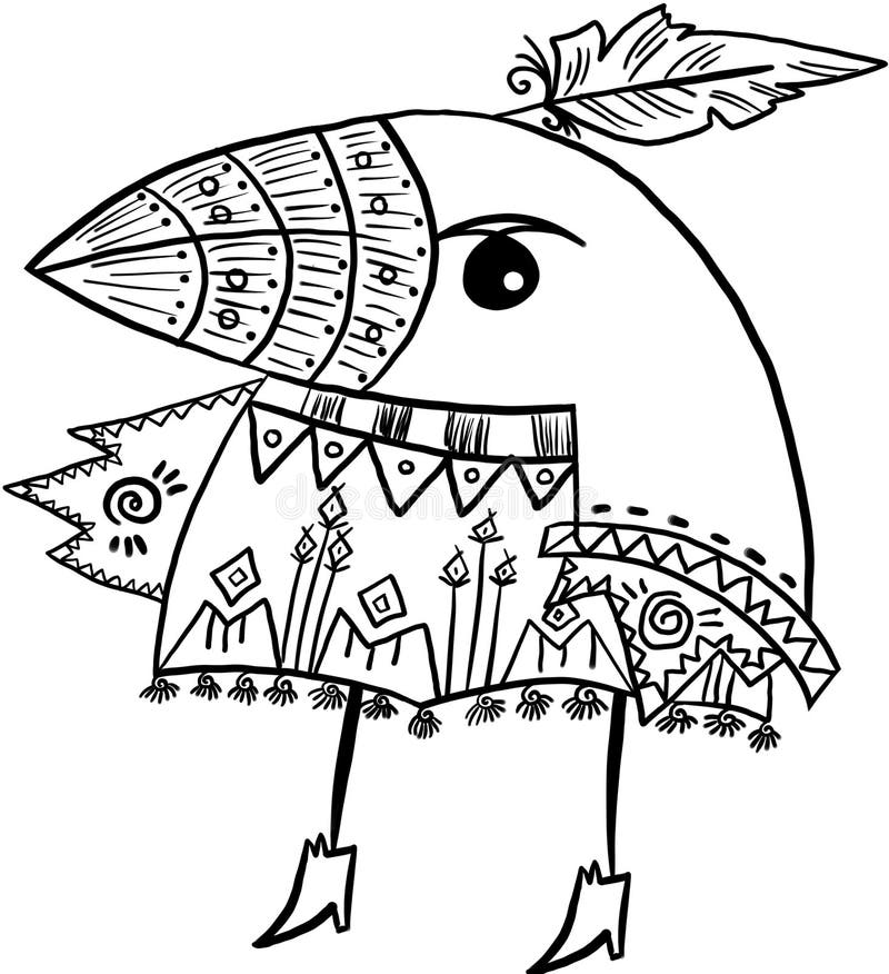 Bird raven with doodle ornament in ethnic style coloring book stock illustration