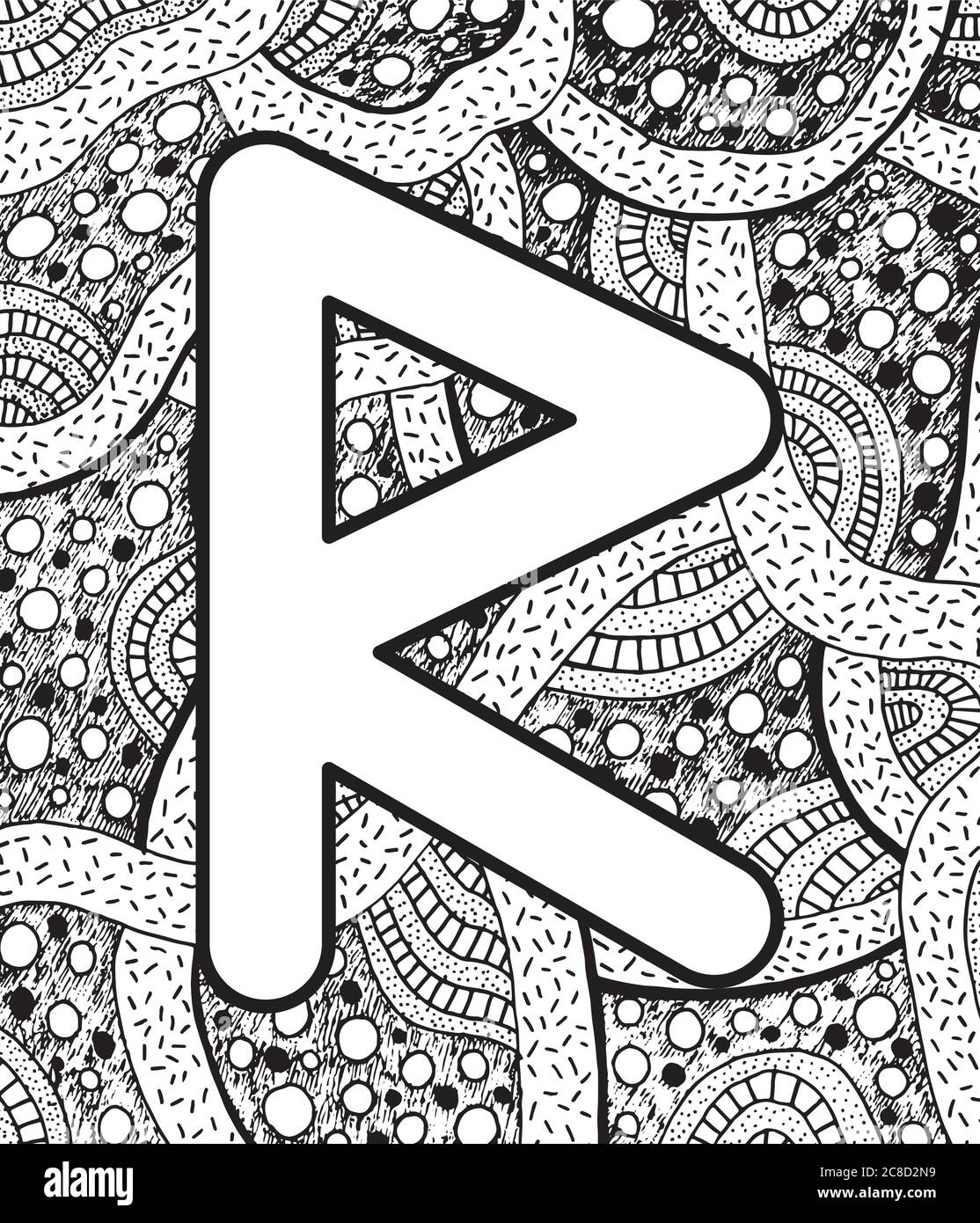 Ancient scandinavic rune raido with doodle ornament background coloring page for adults psychedelic fantastic mystical artwork vector illustration stock vector image art