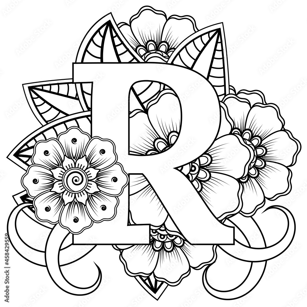 Letter r with mehndi flower decorative ornament in ethnic oriental style coloring book page