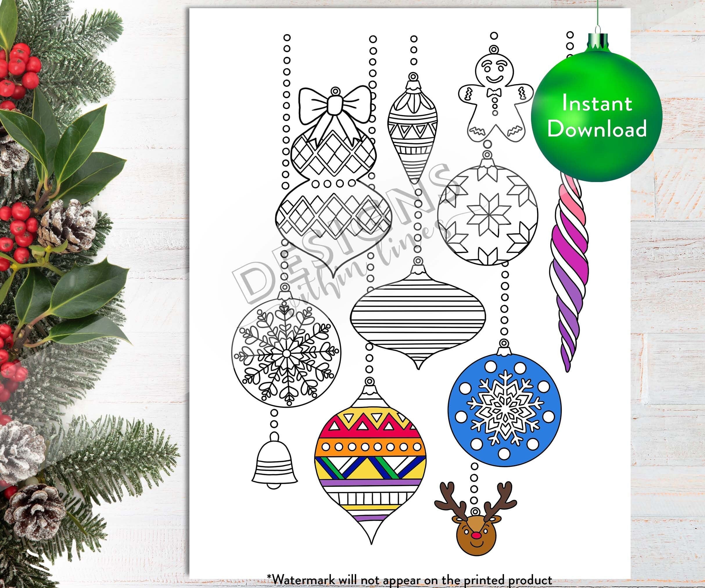 Printable christmas ornament collection digital coloring page instant download