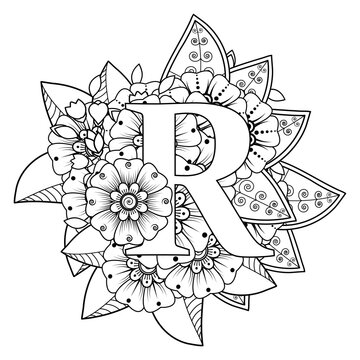 Letter r with mehndi flower decorative ornament in ethnic oriental style coloring book page vector