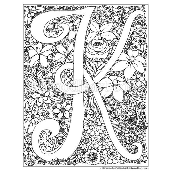 Instant digital download adult coloring page letter k download now