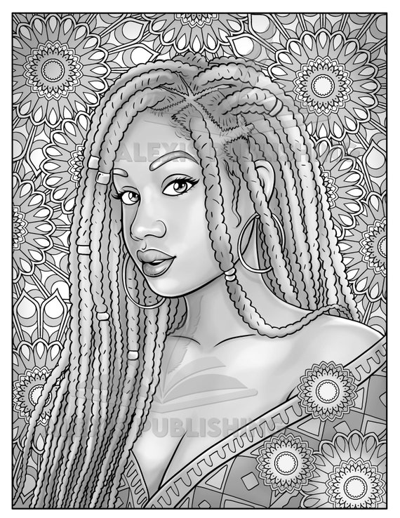 Printable adult coloring page beautiful black woman grayscale portrait download illustration printable jpg file