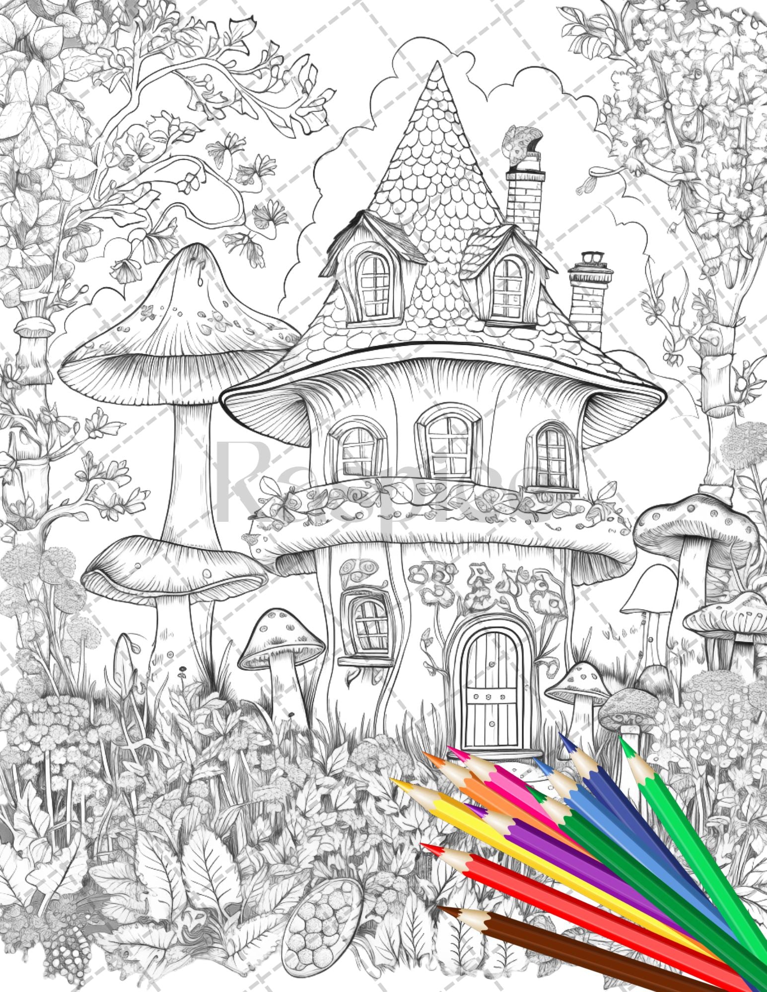 Whimsical mushroom house coloring pages for adults grayscale color â coloring