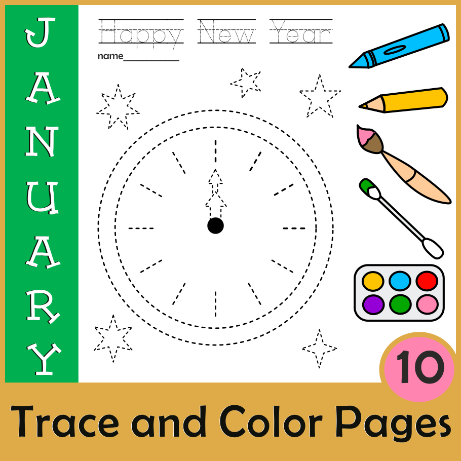 New year picture tracing worksheets for pre