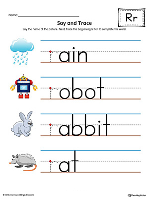 Say and trace letter r beginning sound words worksheet color