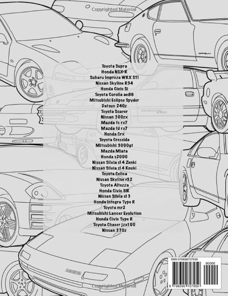 Nightburnz jdm car coloring book featuring iconic jdm cars