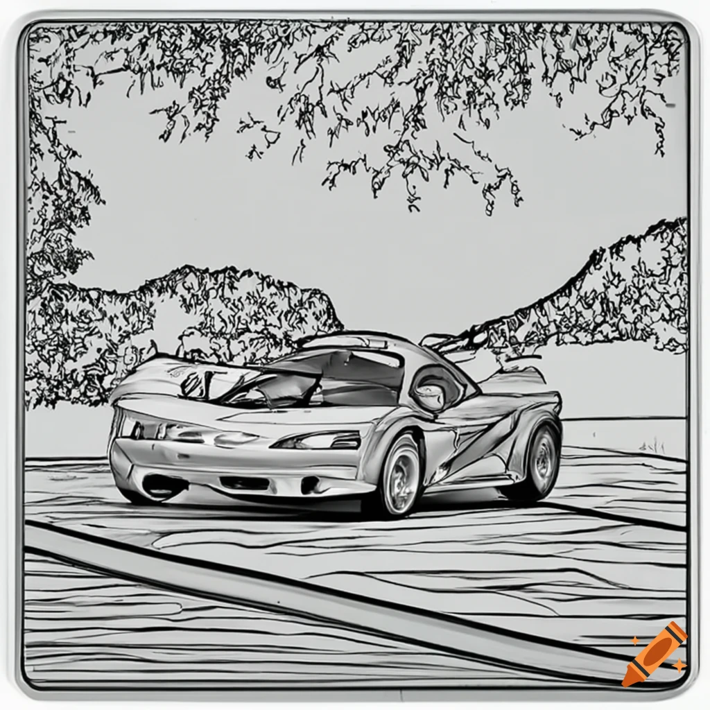 Coloring book image of a mclaren f driving on a scenic road on