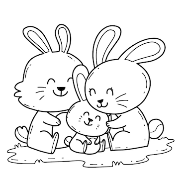 Premium vector cure rabbit family hugging each other coloring page hand drawn