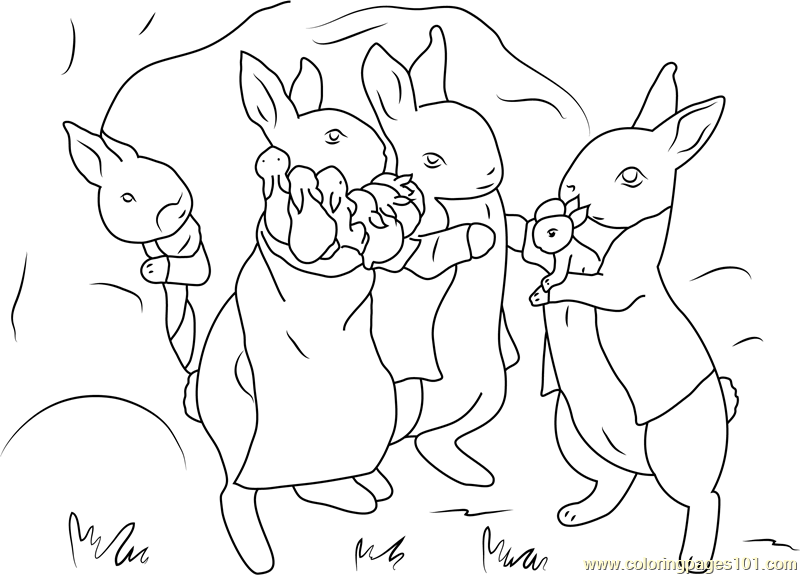 Peter rabbit with family coloring page for kids