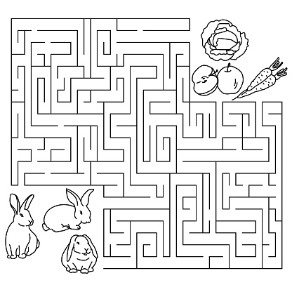 Maze game feed the rabbit coloring page with cute animals and confusing path for kids creativity and development stock illustration