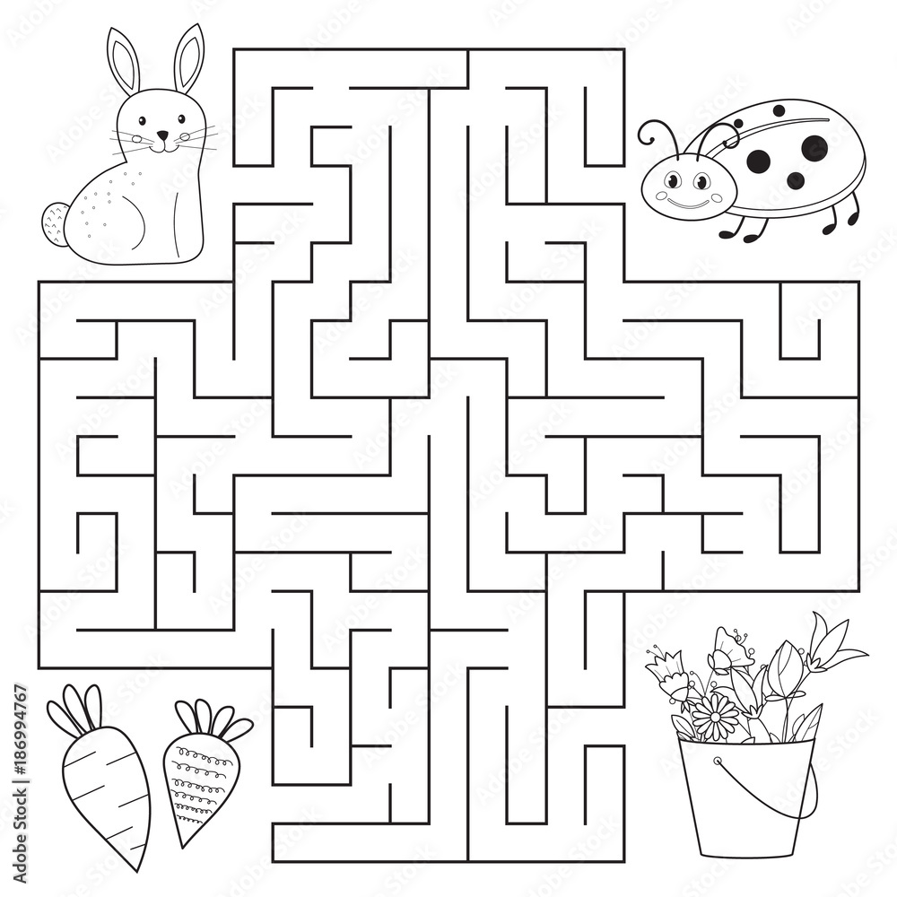 Help bunny and ladybug find way spring education maze for preschool children coloring page or book vector illustrator vector