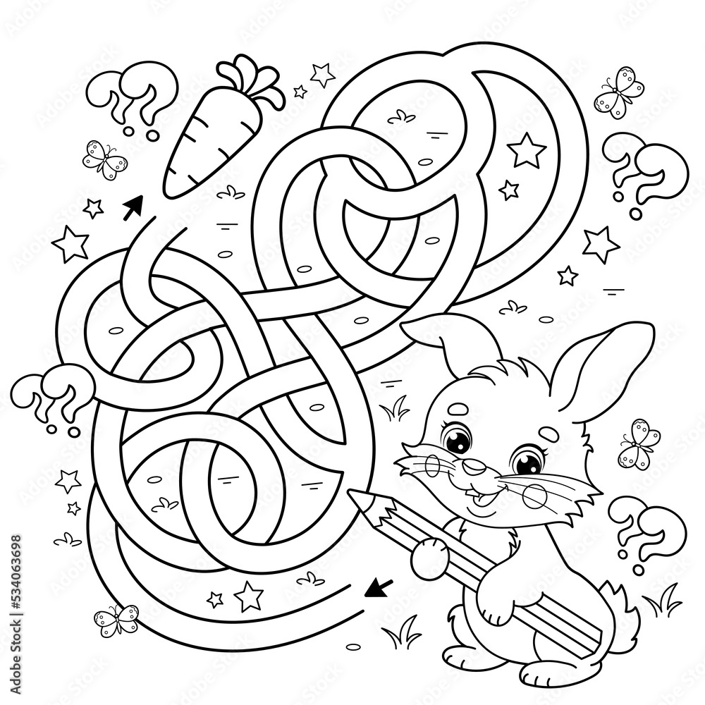 Maze or labyrinth game puzzle tangled road coloring page outline of cartoon cute bunny or rabbit with carrot and cabbage coloring book for kids vector