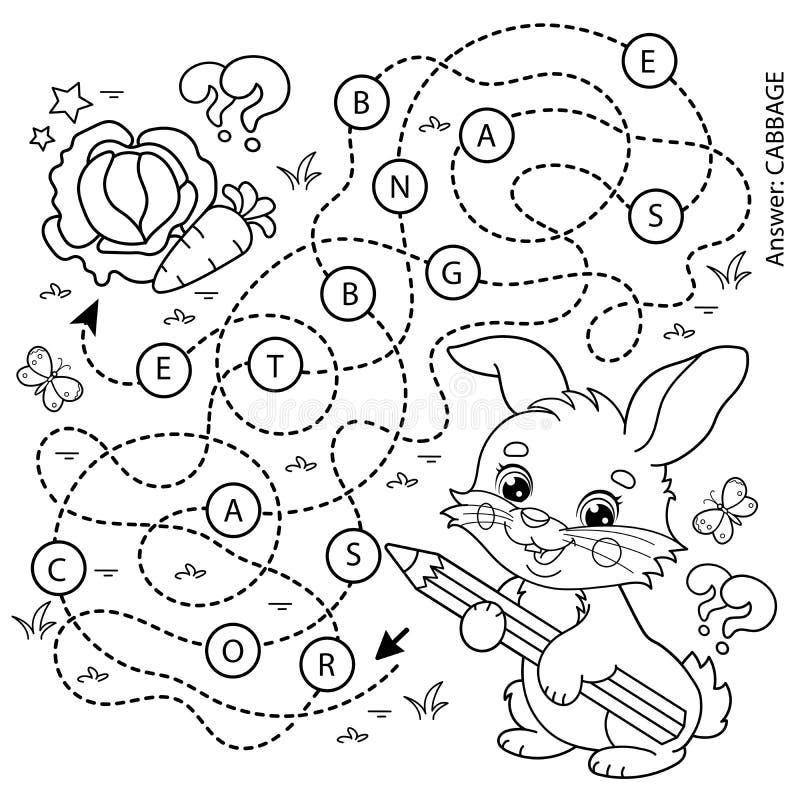 Maze or labyrinth game puzzle coloring page outline of cartoon cute bunny or rabbit with carrot and cabbage stock vector