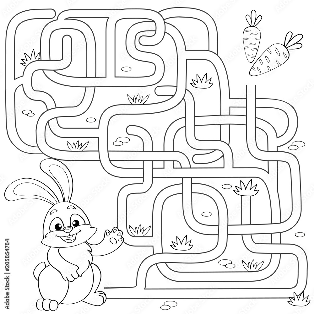 Help little bunny find path to carrot labyrinth maze game for kids black and white vector illustration for coloring book vector