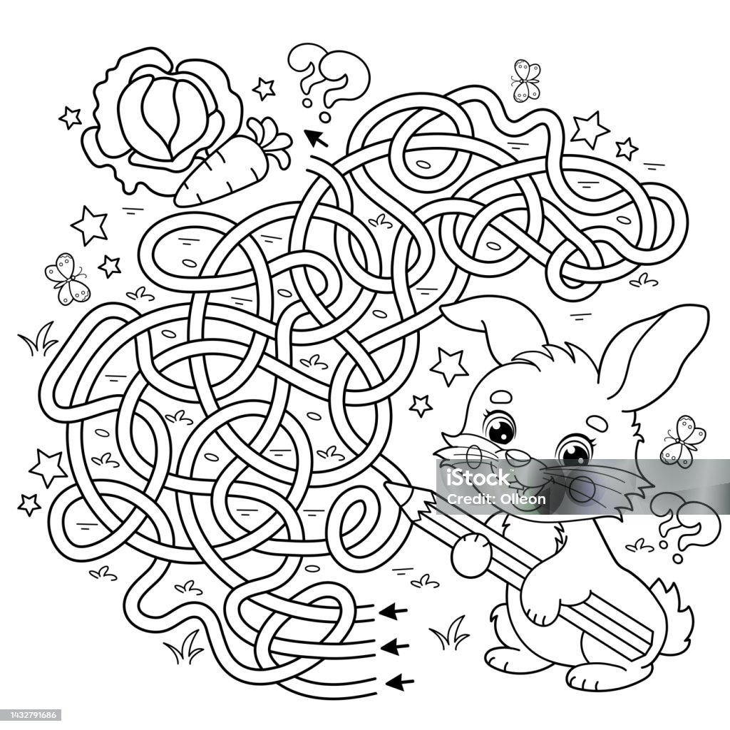 Maze or labyrinth game puzzle tangled road coloring page outline of cartoon cute bunny or rabbit with carrot and cabbage coloring book for kids stock illustration