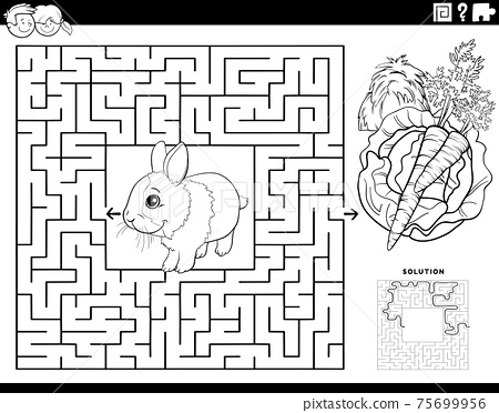 Maze game with carrot and lettuce coloring book