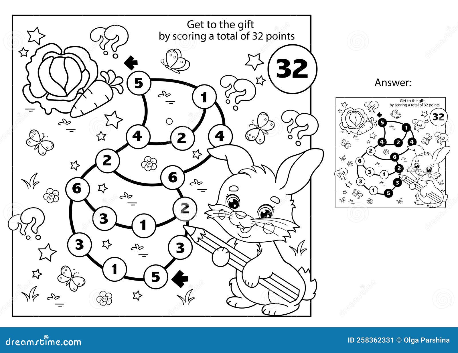 Math addition game puzzle for kids maze coloring page outline of cartoon cute bunny or rabbit with carrot and cabbage stock vector
