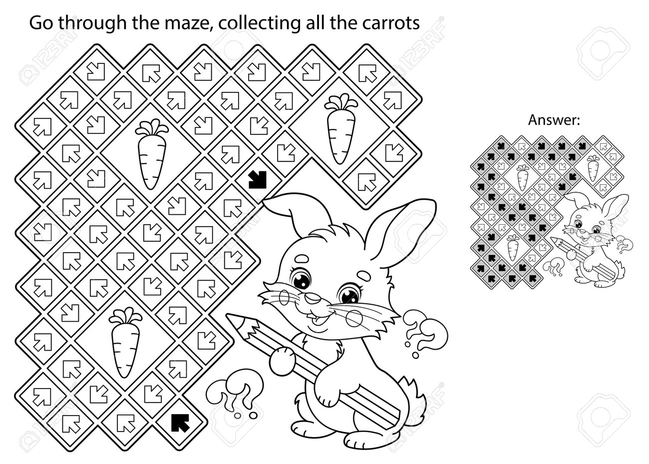 Maze or labyrinth game puzzle coloring page outline of cartoon cute bunny or rabbit with carrot and cabbage coloring book for kids royalty free svg cliparts vectors and stock illustration image