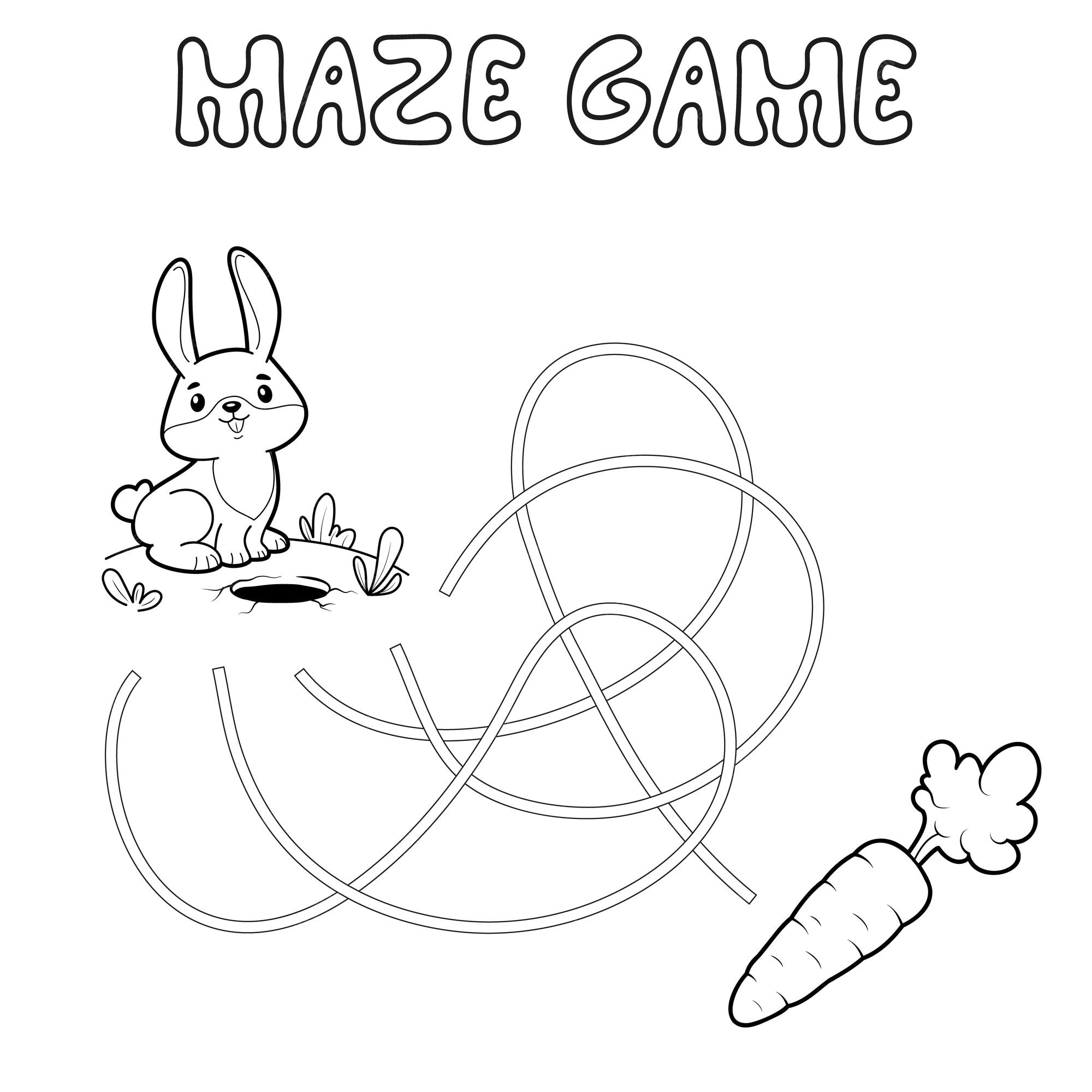 Premium vector maze puzzle game for children outline maze or labyrinth find path game with rabbit vector illustrations