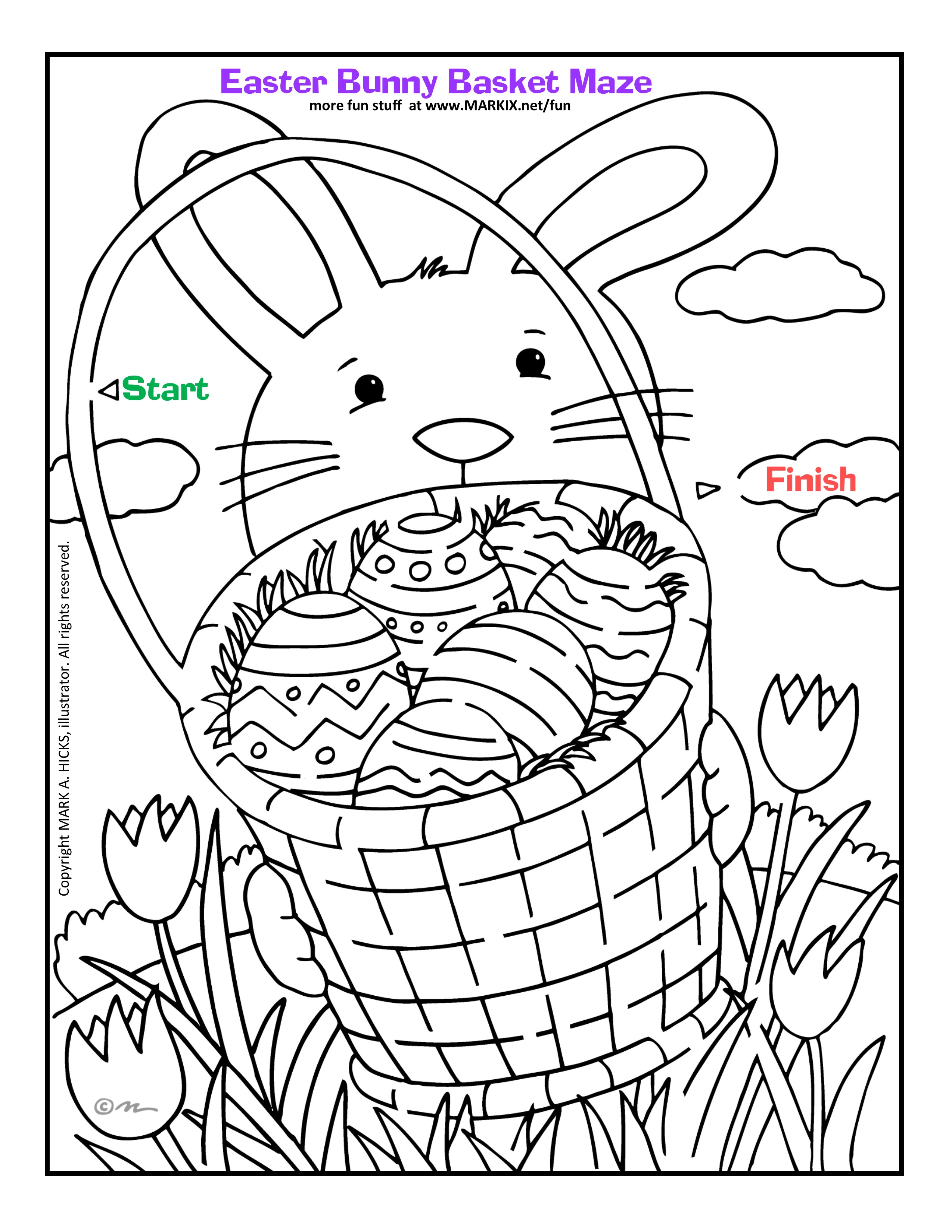 Easter bunny basket maze and coloring page