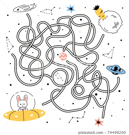 Maze game doodle tangled path of rabbit flying