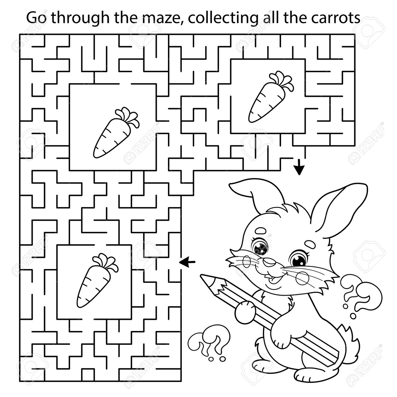 Maze or labyrinth game puzzle coloring page outline of cartoon cute bunny or rabbit with carrot and cabbage coloring book for kids royalty free svg cliparts vectors and stock illustration image