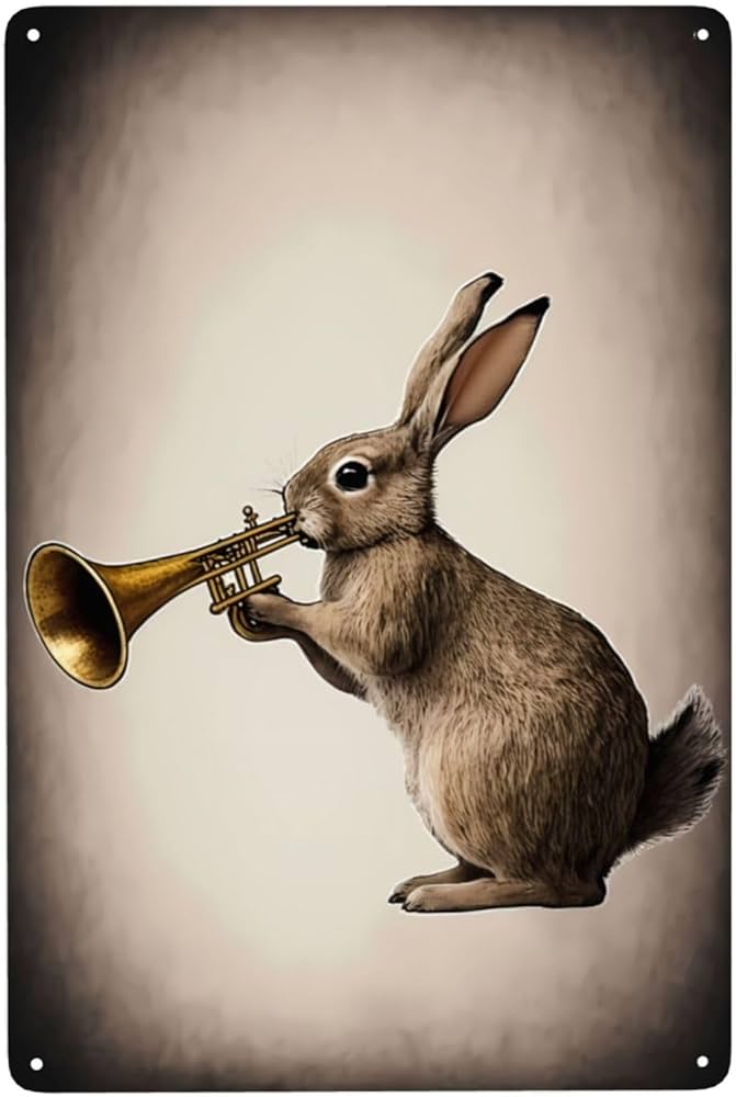 Nsuajof rabbit blowing the trumpet metal tin sign vintage for bedroom home kitchen hotel bar cafe outdoor wall decoration x inch home kitchen